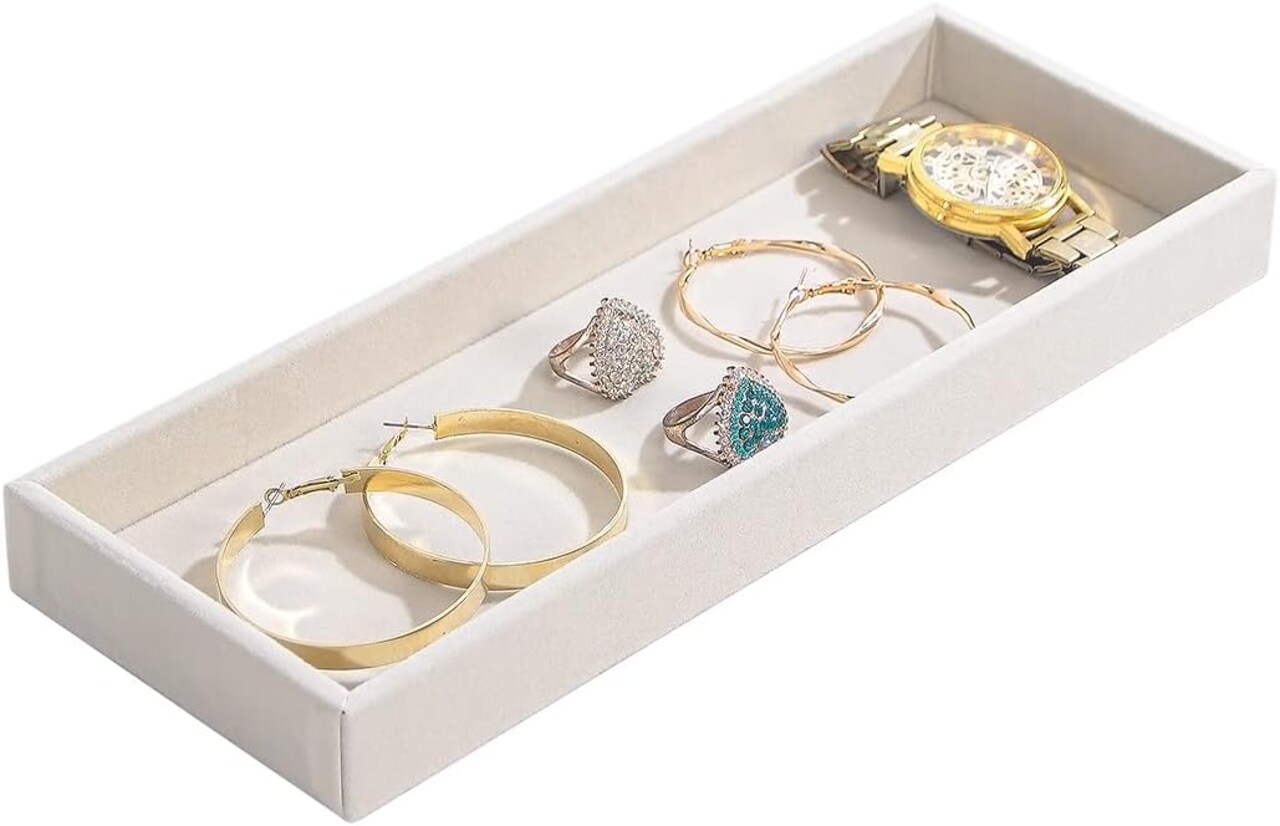 Divided Velvet Jewelry Drawer Organizer Tray – Storage for Necklaces, Bracelets, Rings, Earrings, Watches, Phones, Sunglasses, and Cosmetics (Beige, 1 Grid)